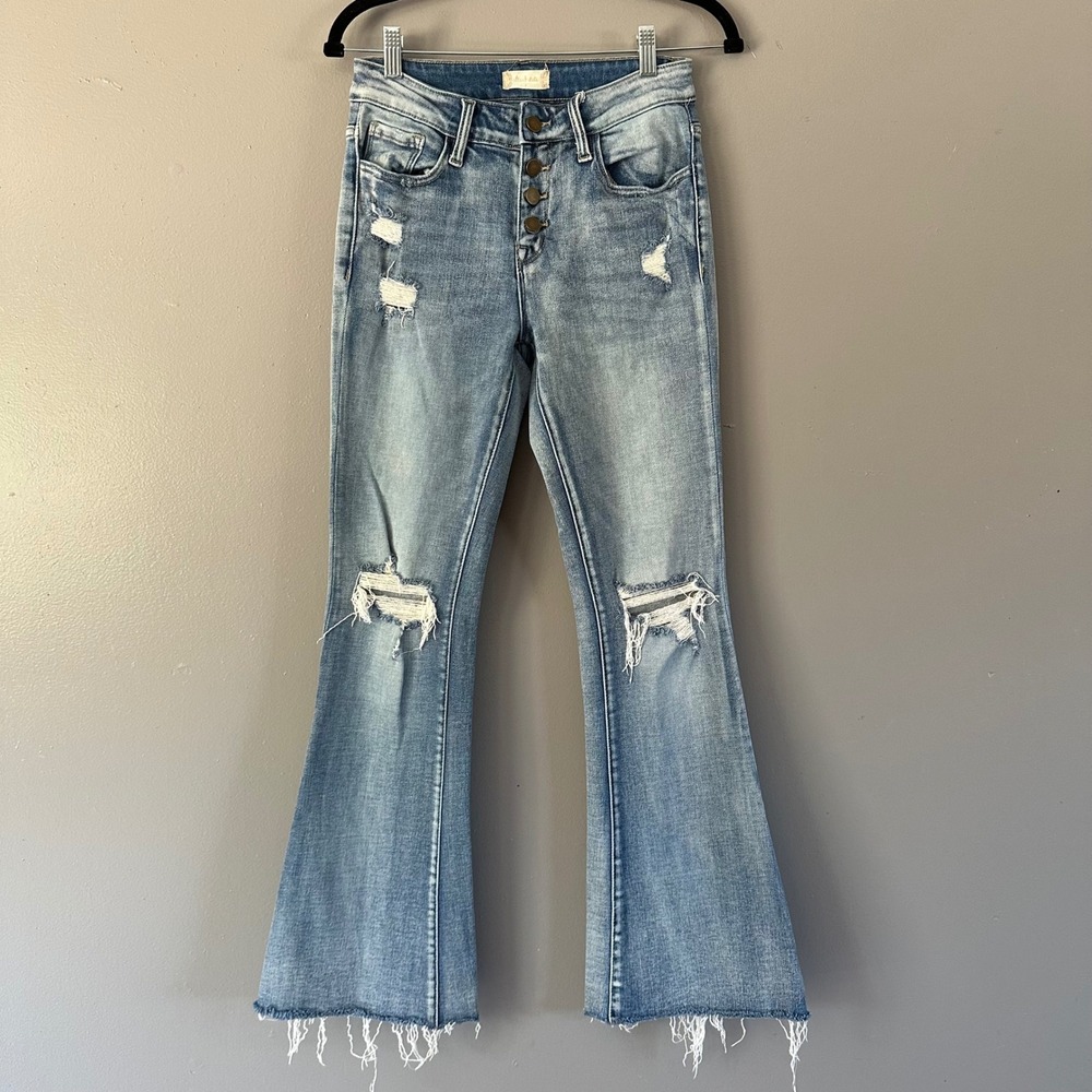 Altar'd State Light Medium Wash Distressed Button Fly Flare Leg Jeans